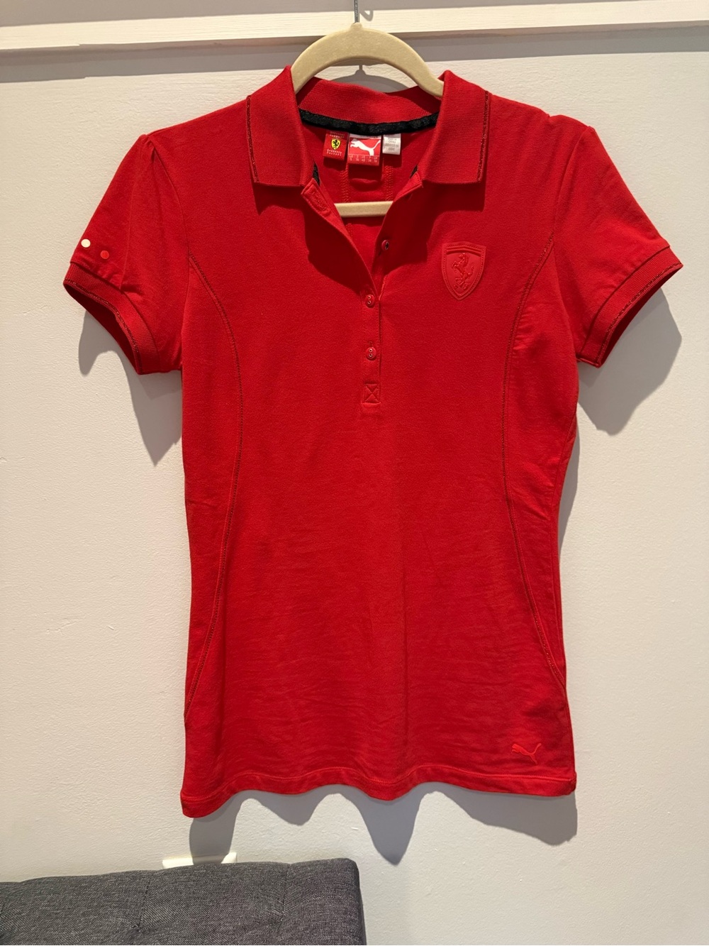 Ferrari Red Women's Polo Shirt with Embossed Shield - Picture 3 of 6